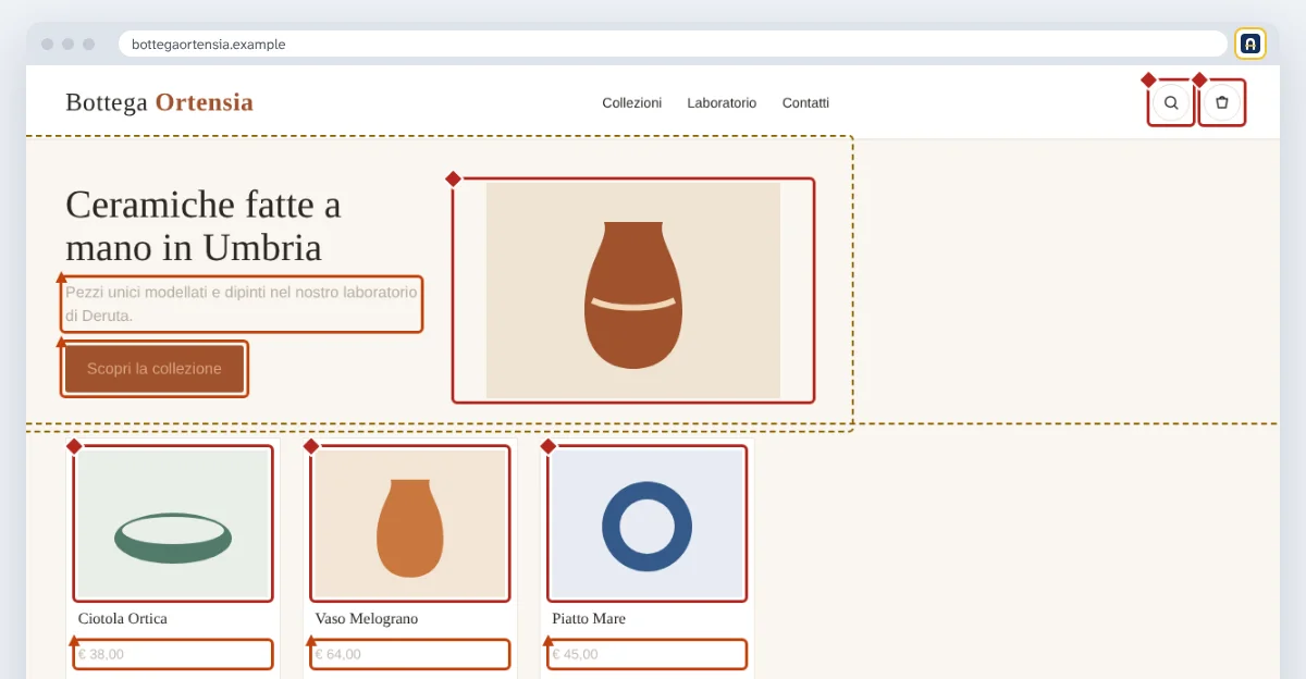 La pagina del negozio con riquadri colorati attorno a immagini, pulsanti e testi che presentano problemi di accessibilità.