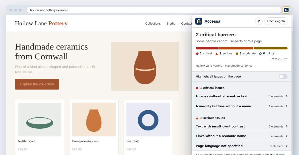 The Accessa panel open on a pottery shop website: at the top the result '2 critical barriers', below it the list of issues by severity.
