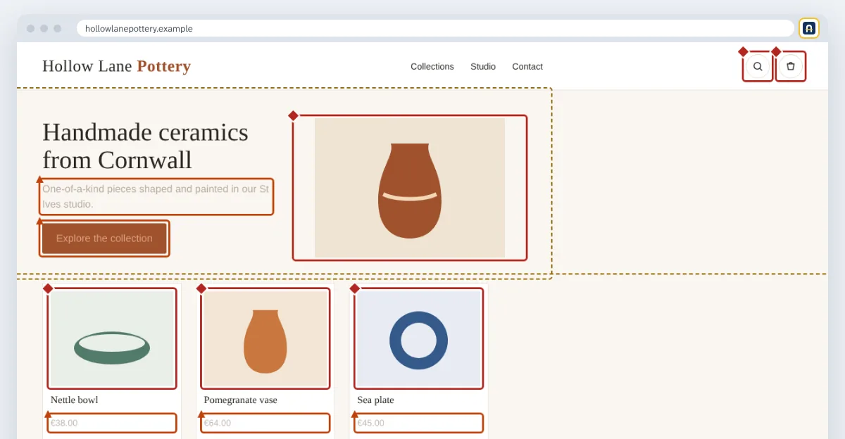 The shop page with coloured boxes around images, buttons and text that have accessibility issues.